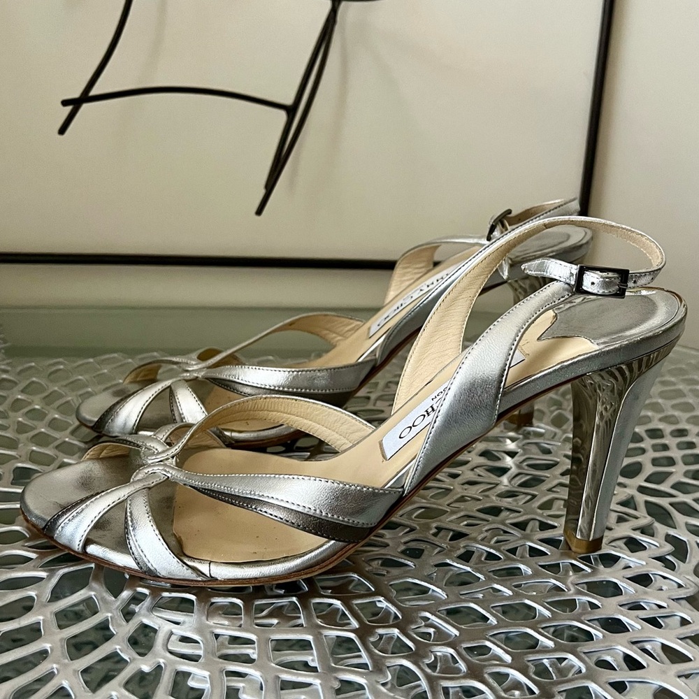 Jimmy Choo Vintage Two Tone Silver Open Toe Sling Back High Heel Sandals Size 38